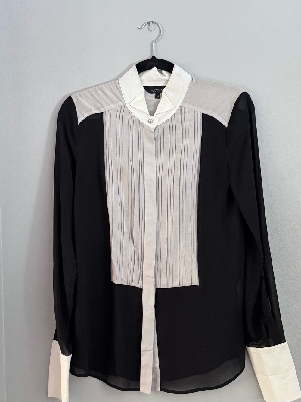 Women's Black and White Pleated Front Blouse